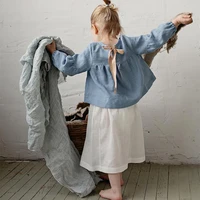 Chic Back Bow Tie Linen Shirt Girls 2024 New Solid Color Casual Loose Baby Kids Long-Sleeved Blouse Autumn Clothes 6