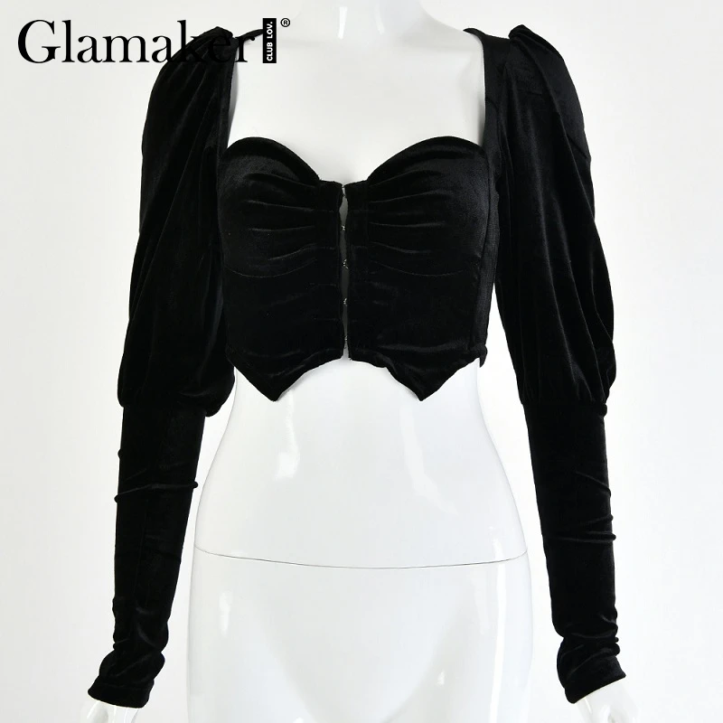 Glamaker, велюровая, черная, пуш-ап, Сексуальная Блузка, рубашка, женская, летняя, с длинным рукавом, короткая блузка, винтажная, женская, с квадратным вырезом, короткий топ, рубашка - Цвет: Черный