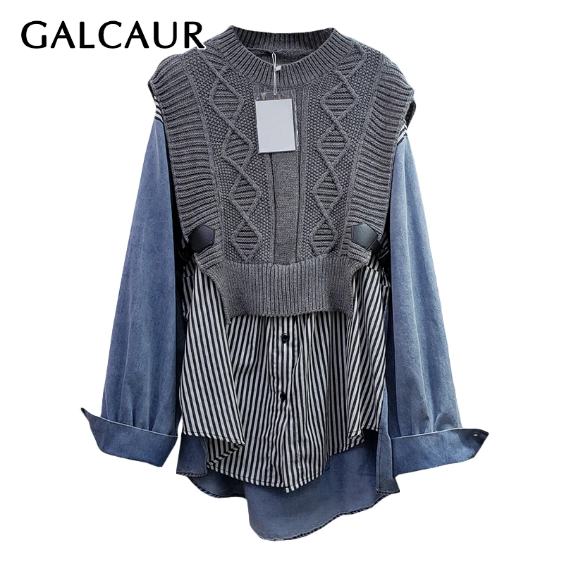 GALCAUR Patchwork Striped Shirt For Women O Neck