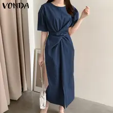 

Loose Front Slit Holiday Dress VONDA Women Crew Neck Plain Dresses Oversized Bohemian Vestidos Ladies Loose Beach Sundress