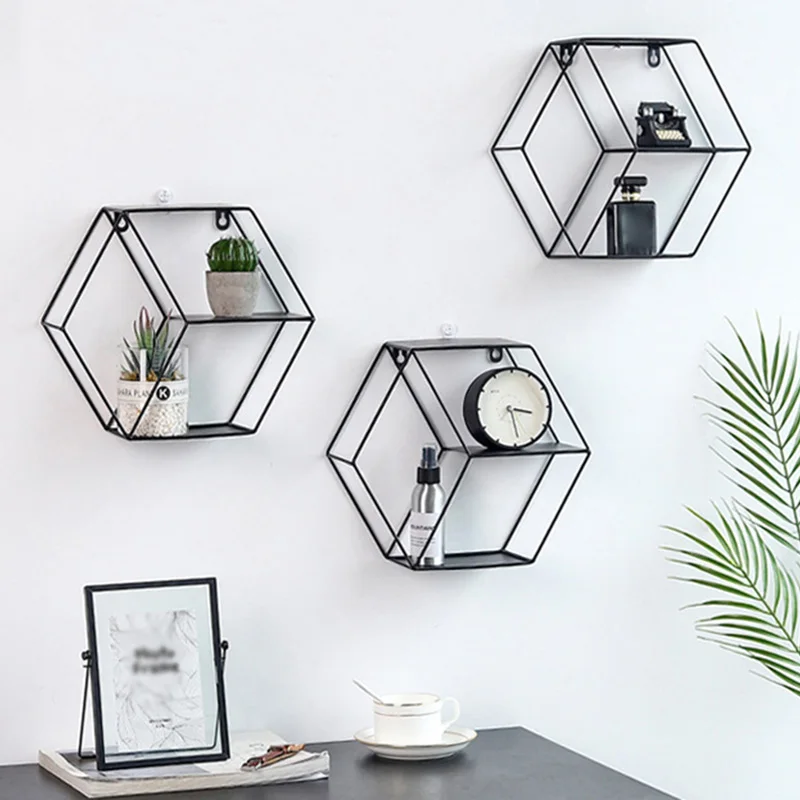 

Hexagonal Grid Wall Hanging Shelf Rack Storage Holder Bedroom Display Hook Flower stand Organizer Art Home Decoration Simple