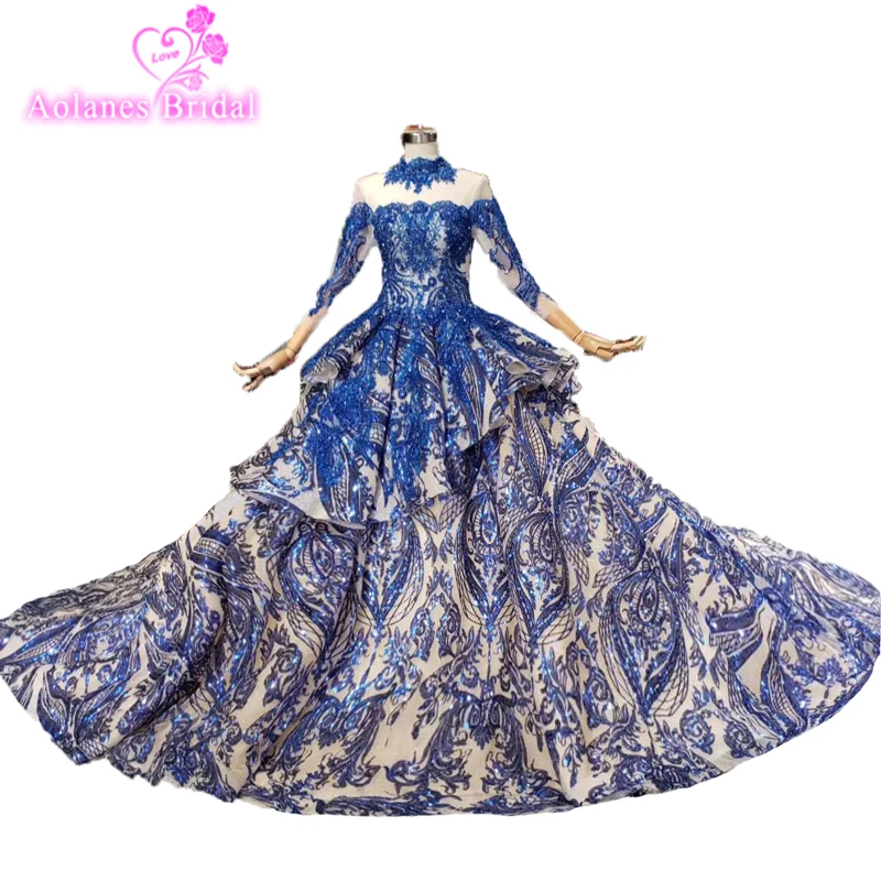 

Ball Gown Long Sleeve Royal Blue Prom Dresses Luxury Beading Long Evening Dress Special Occasion Party Gowns With Necklace Prom