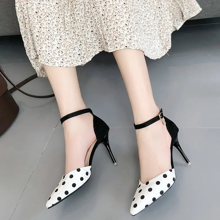 En oferta Sandalias de lunares para mujer, zapatos de punta estrecha a rayas de 6cm de tacón fino, zapatillas cómodas sin cordones de 7cm, verano 2019 aJLogb5o