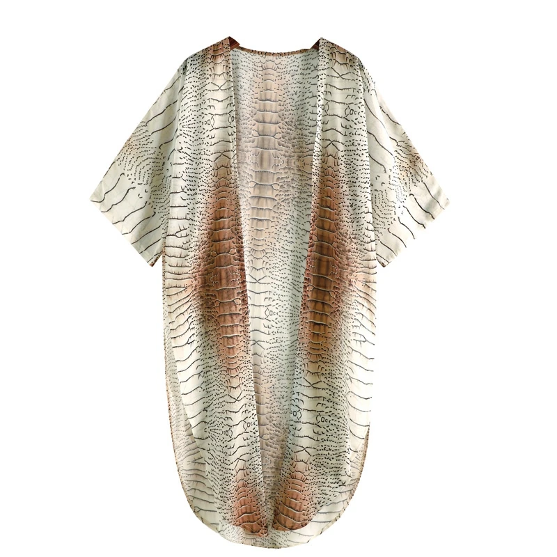2021 Chiffon Cardigan for Women Duster Plus Open Front Knot Decoration Sheer Long Maxi Kimono Summer Striped Printed Robe Blouse 5