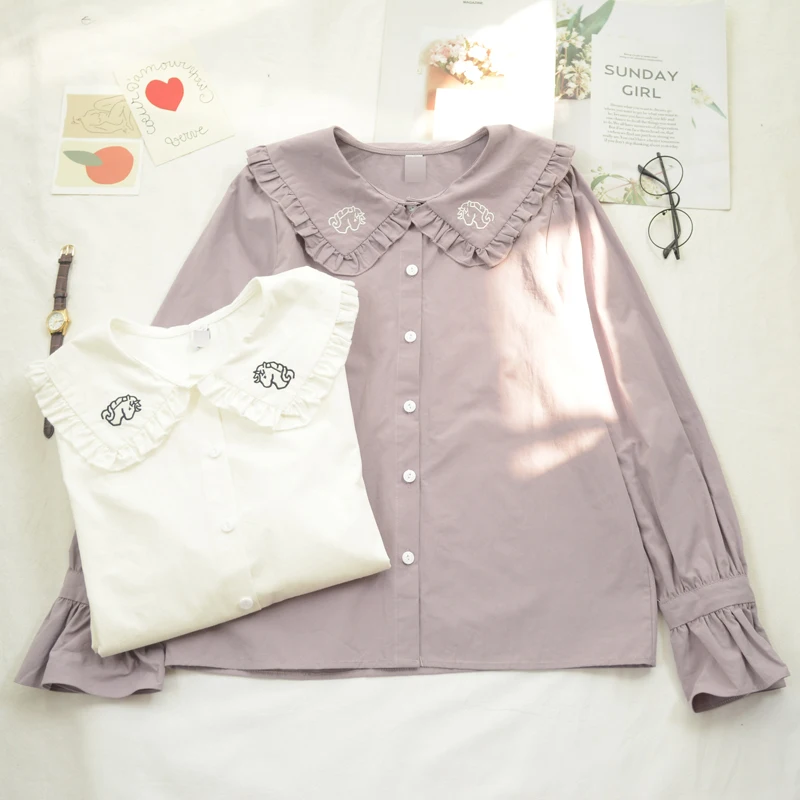 Японская Милая рубашка в стиле Лолиты, винтажный воротник Питер Пэн с расклешенными рукавами, милая викторианская рубашка с принтом, kawaii, готический Топ в стиле Лолиты для девочек