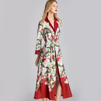 

Lady Print Flowe Faux Silk Kimono Robe Gown Sexy Long Sleepwear Full Sleeve Turn-down Collar Bathrobe Summer Night Dress