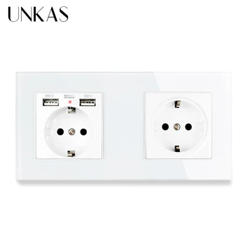 

UNKAS 2 Gang Russia Spain EU Standard Wall Socket Crystal Glass Panel With 2 USB Charge Port Hidden Soft LED Indicator