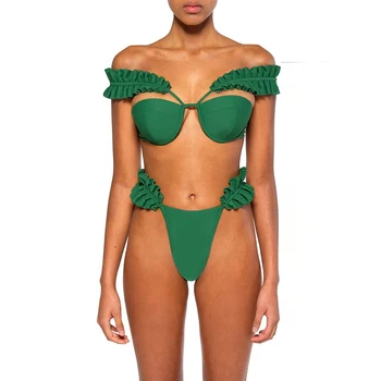 

IMANFive Sexy Green Ruffles Straps Swimwear Women Bikini 2019 New Arrival Beachwear Low Waist Swimsuit Brazilian Biquini S-L