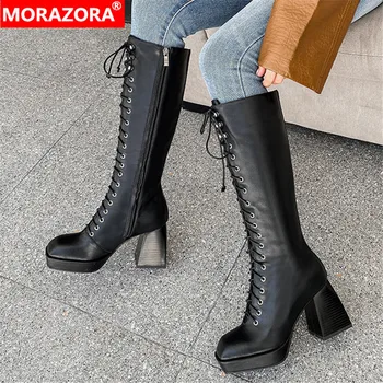 

MORAZORA 2020 Big size 33-43 fashion knee high boots genuine leather boots simple lace up 3 colors high heels ladies shoes
