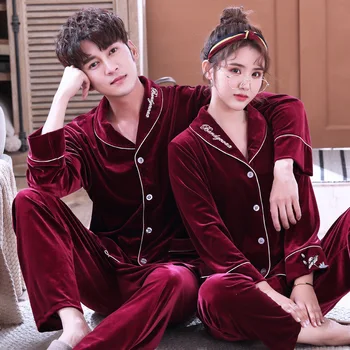 

Couple Pajamas Set Long Sleeve Velour Soft Pyjamas Suit Embroidery Casual Home Wear 2020 New Autumn Winter 2pcs Sleepwear