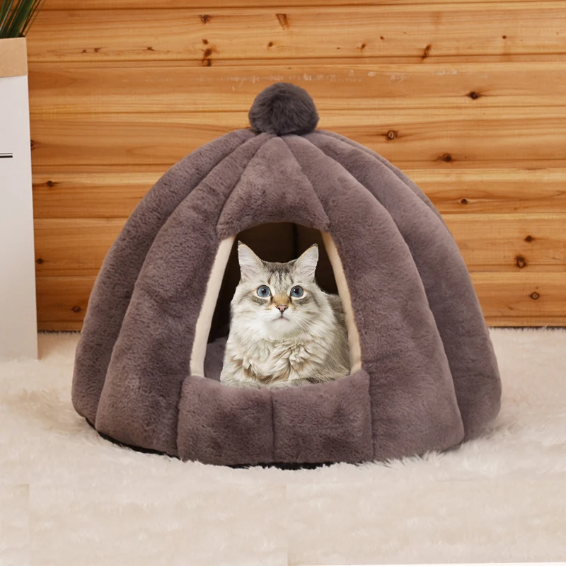 Warm Cat House Soft Plush Pet House for Cats Dogs Round Semi Closed Pet