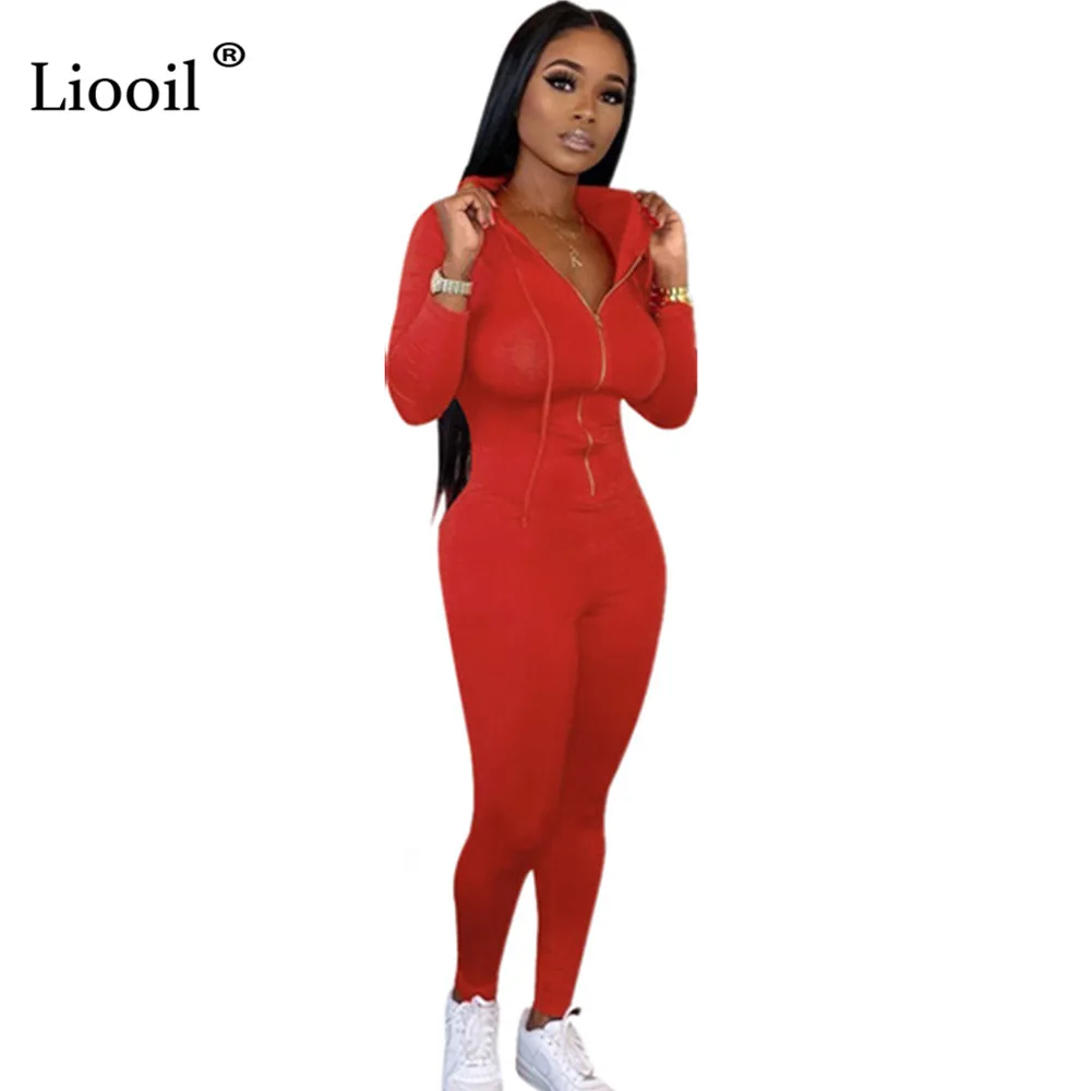 Liooil, цельный, сексуальный, черный, красный, Облегающий комбинезон для женщин, осенний, с длинным рукавом, с капюшоном, на молнии, вечерние, Клубные комбинезоны, женский комбинезон, комбинезоны