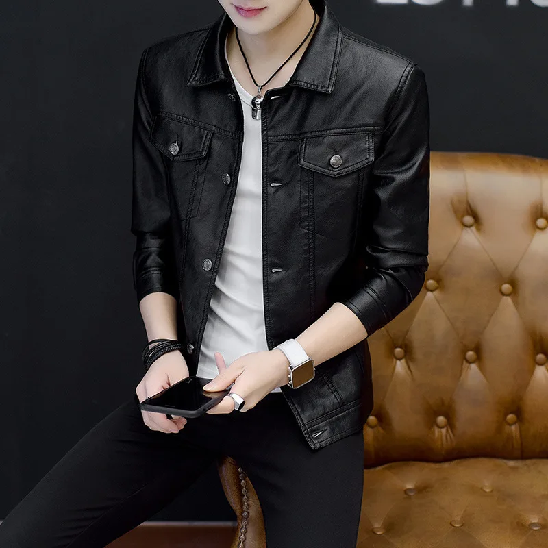Стиль, мужская Молодежная кожаная куртка с отложным воротником в Корейском стиле, приталенная мужская верхняя одежда из искусственной кожи