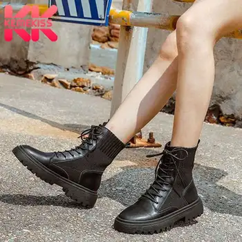 

KemeKiss Ankle Boots For Women Patchwork Black Lacing Casual Flats Shoes Women Street Style Daily Female Footwear Size 35-40