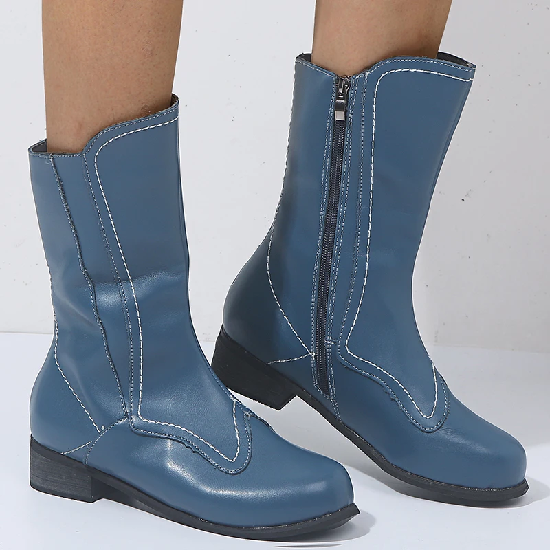 

EUR35~43 Patent Leather Women Winter Mid-calf Low Plus Size Heel Bohemia Style Motorcycle Boots Fringed Boots Shoes Rivet Boots