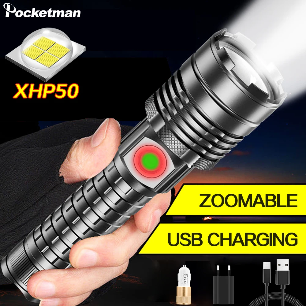 POCKETMAN 60000LM XHP50 Led Flashlight Powerful 18650 Flashlight USB Rechargeable Torch Lanterna T6 Led Hunting Lamp Hand Light