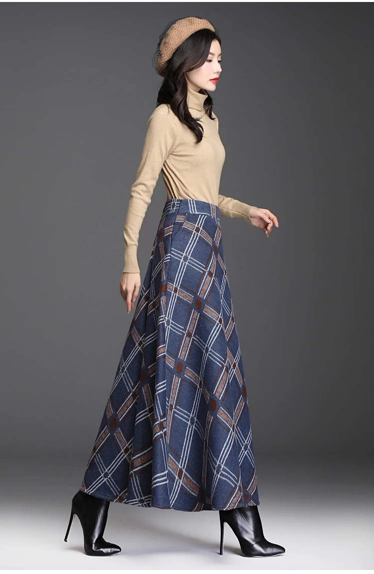 Макси юбка женская элегантная кашемировая Геометрическая длинная трапециевидная юбка осень зима теплый зонтик юбка с эластичным поясом Женская размера плюс