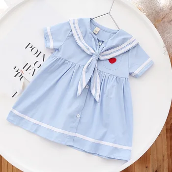 

Amya Baby 2020 Summer Toddler Girl Dresses Sailor Collar Blue Color Kids Clothes 100% Cotton Baby Girl Dress School Clothing