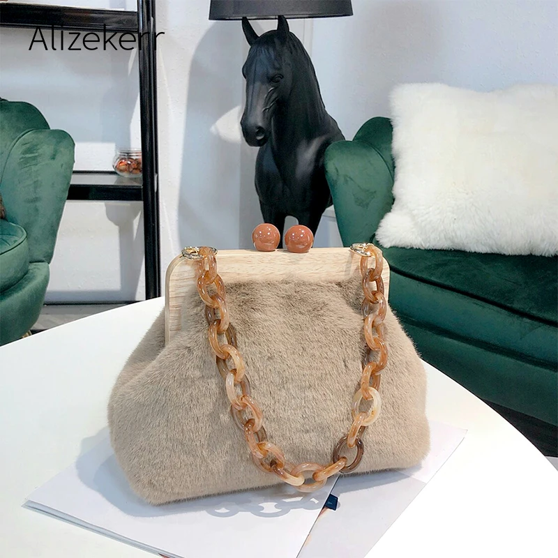 Сумка женская с деревянной клипсой дизайнерская вечерняя сумочка на плечо