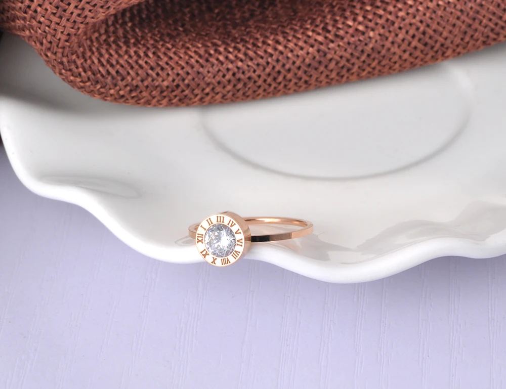 JeeMango Stainless Steel Jewelry Round AAA Zircon Roman Numerals Basic Models Anillos Mujer Rose Gold Color Rings Anneau JR18139 gold color rings,stainless steel ring,finger ring,gold color ring,zircon crystal ring