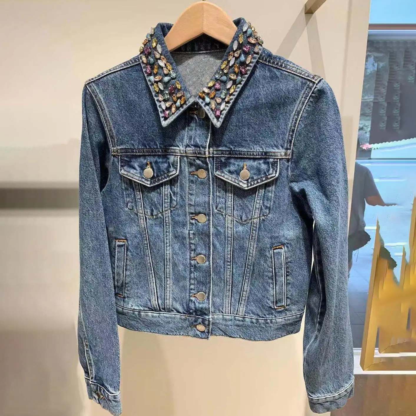 

Women Jacket 2020 Spring and Summer New Women's Three-dimensional Charm Inlaid Washed Denim Jacket