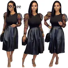 Top+Midi Dress Outfits Pu Loose Skirt Two Piece Suits Mesh Long Sleeve Autumn O Neck T Women Elegant Black Plus Size Sets black Top+Midi Dress Outfits Pu Loose Skirt Two Piece Suits Mesh Long Sleeve Autumn O Neck T Women Elegant Black Plus Size Sets black