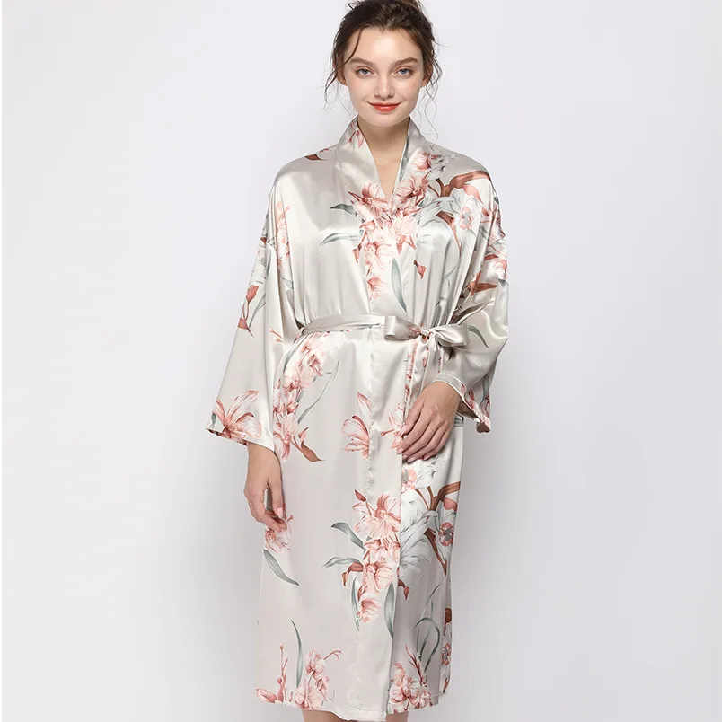 

New Style Nightgown Imitation Silk Printing Mid-length Nightgown Sexy Bathrobe Home Service Bath Robe Silk Robes for Women