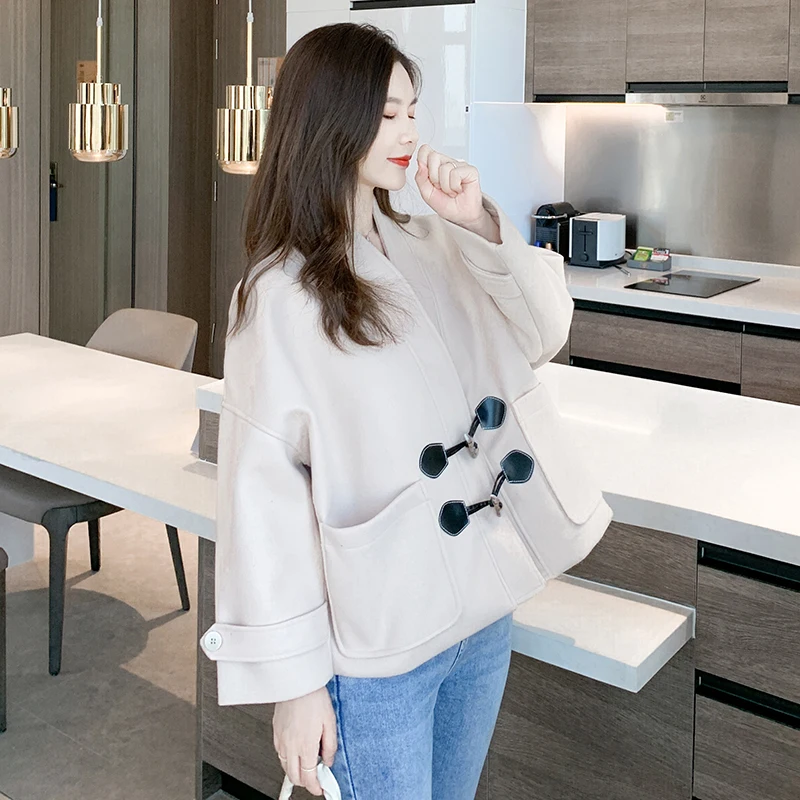 Double Breasted Coat 2020 Winter Loose Fashion V-neck Horn Button Long-sleeved Soft Thicken Woolen Coat Women's Tops Clothing
