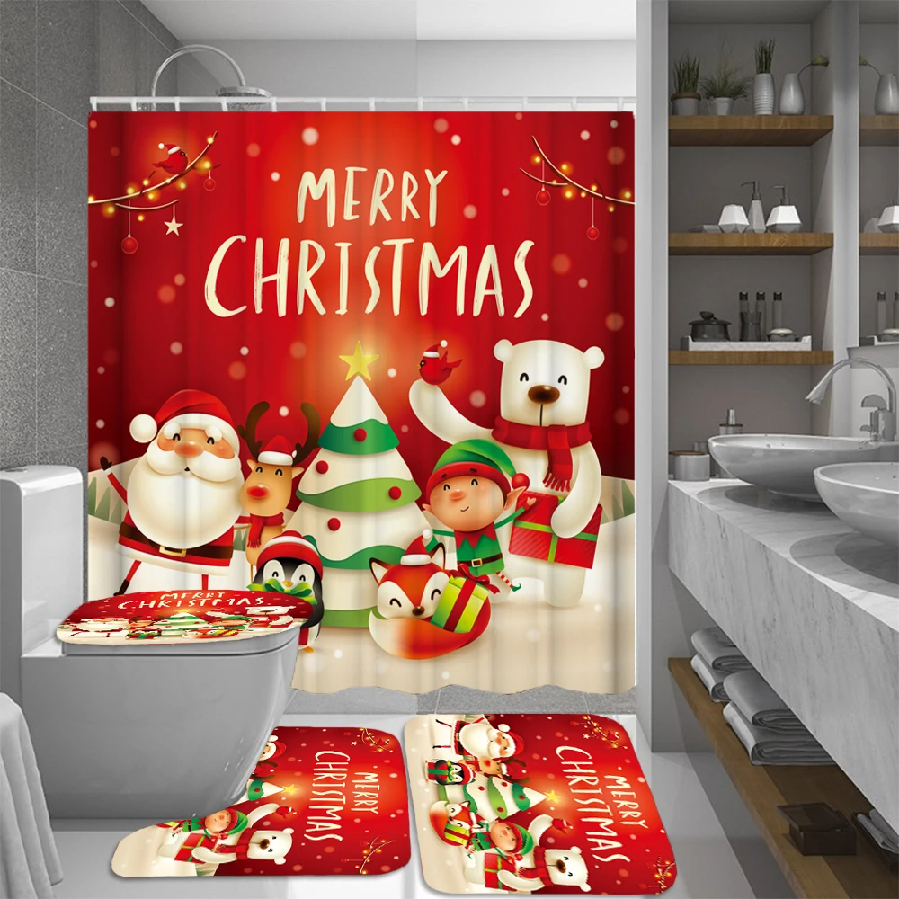Merry Christmas набор для ванной, снеговик, Санта, лось, узор, водонепроницаемый, занавеска для душа, крышка для туалета, коврик, нескользящий, ковер, домашний декор