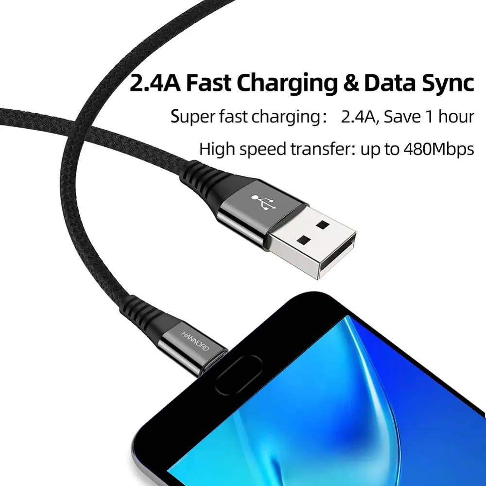 HANNORD usb type-C кабель USB C кабель для быстрой зарядки и синхронизации данных 1,2 A Светодиодный индикатор 1,8 м для Xiaomi samsung Android Phone
