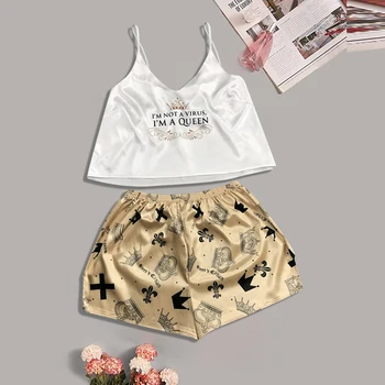 

2020 Night Home Clothes Lady Love Pajama Set Fox Printed Cute Cartoon Pattern Sleepwear Silk V Neck Sexy Satin Pajama