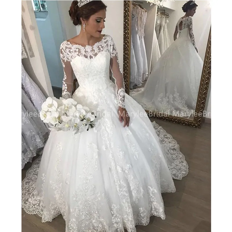 

Vintage Dubai Appliques Ball Gown Wedding Dresses 2020 Long Sleeves Muslim Wedding Gowns Lace Up Back Bridal Dress Chapel Train