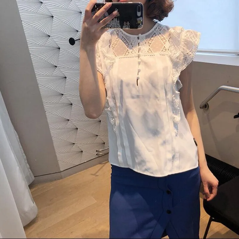 

2019 New Women Sleeveless White Lace Blouse Top