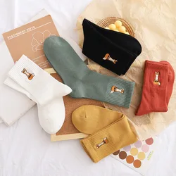 Cute Fox Embroidery Thick Middle Tube Socks Cotton Breathable Solid Color Women Socks Autumn Winter Cartoon Socks Sokken Girls