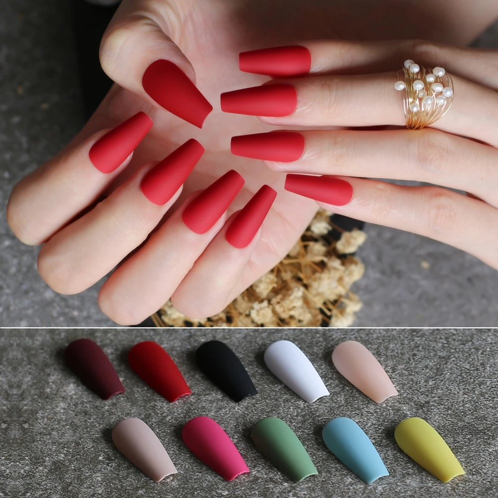 Ins Ballet Matte Fake Nails Red Long Salon Art Coffin False Nails Yellow Ruby Square 24pcs Wedding Nails Burgundy False Nails Aliexpress