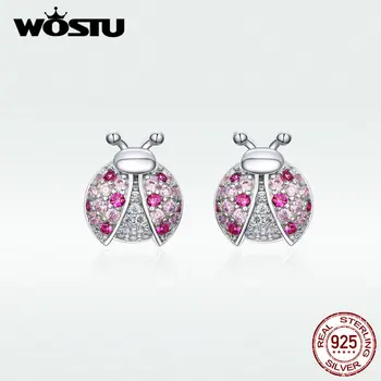 

WOSTU 100% 925 Sterling Silver Ladybug Pink Zircon Stud Earrings Silver 925 Jewelry For Women Wedding Earrings Jewelry BKE715