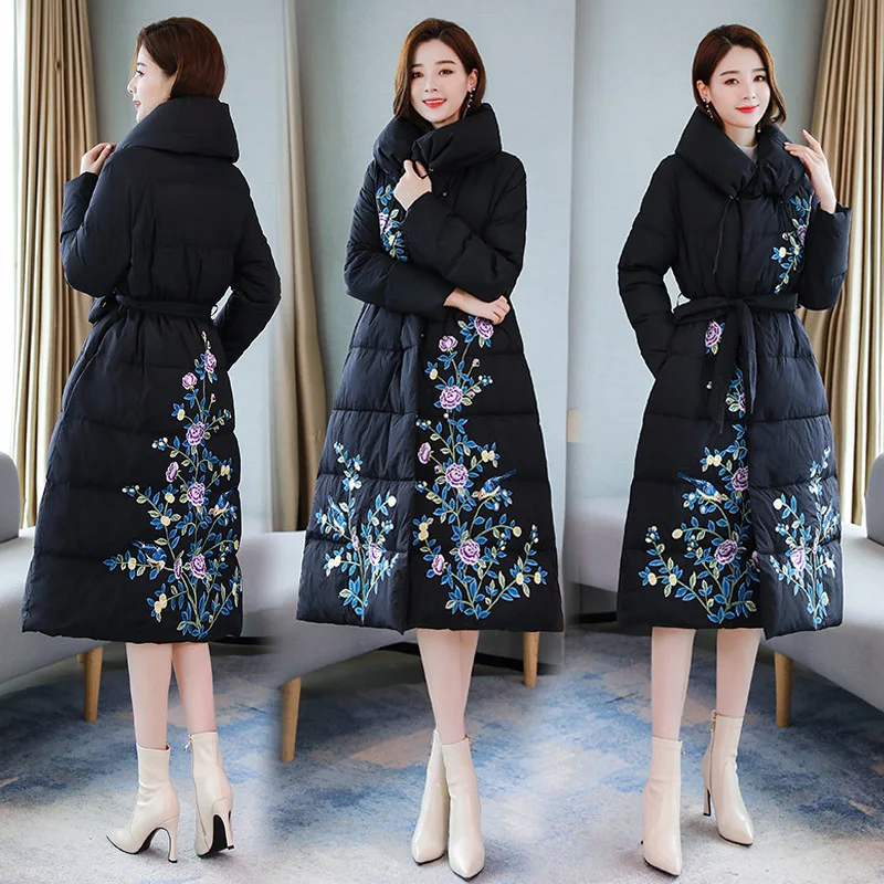 

2019 Winter New Style Embroidered Mid-length Cotton-padded Clothes Fashion Lace-up Retro National Wind down Jacket Cotton-padded
