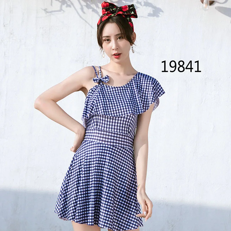 

Factory Price Korean-style One-piece Boxer Bathing Suit Body Hugging Weight Control Conservative Plaid Tour Bathing Suit 19841 B