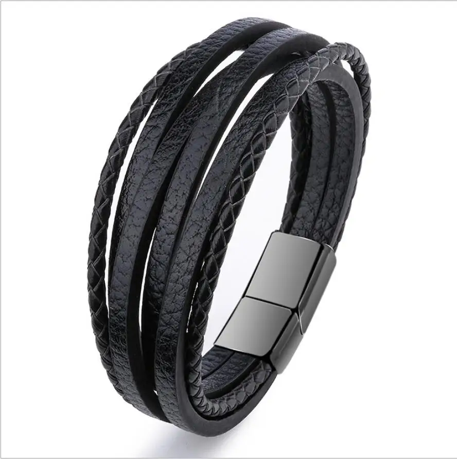 Mens leather bracelet Leather bangles for men Magnetic-Clasp Cowhide Braided Multi Layer Wrap Bracelet man pulseras para hombre
