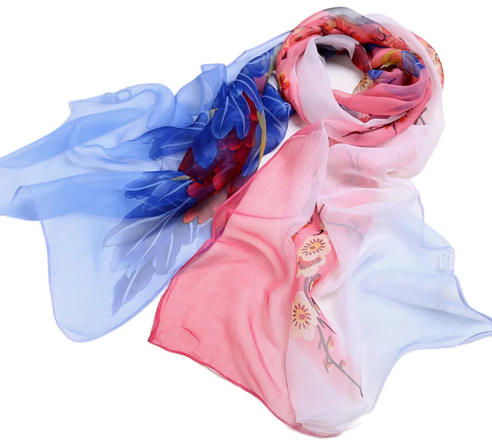 Vintage Women's 100% Silk Gradient Color Scarf Lady Soft Chiffon Long Wrap Shawl