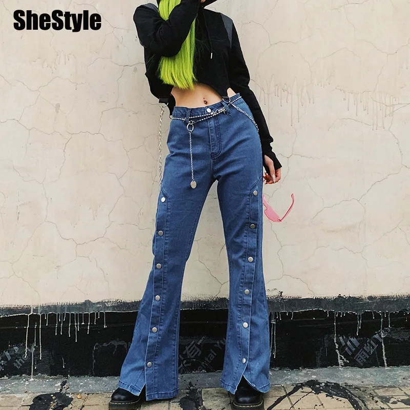 

SheStyle Boot Cut High Waist Blue Jeans Women 2019 Autumn Winter Button Up Flare Pants Ladies High Street Outfits Stylish Trendy