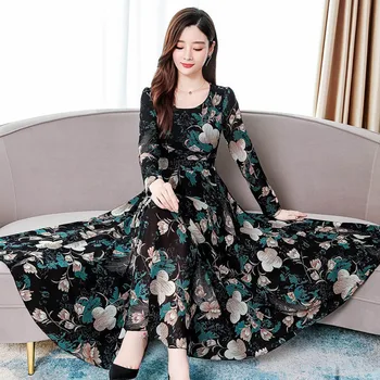 

Casual summer dress Women O-Neck Long Sleeve Flowers Printed Slim A-Line long Dress vestidos sukienki