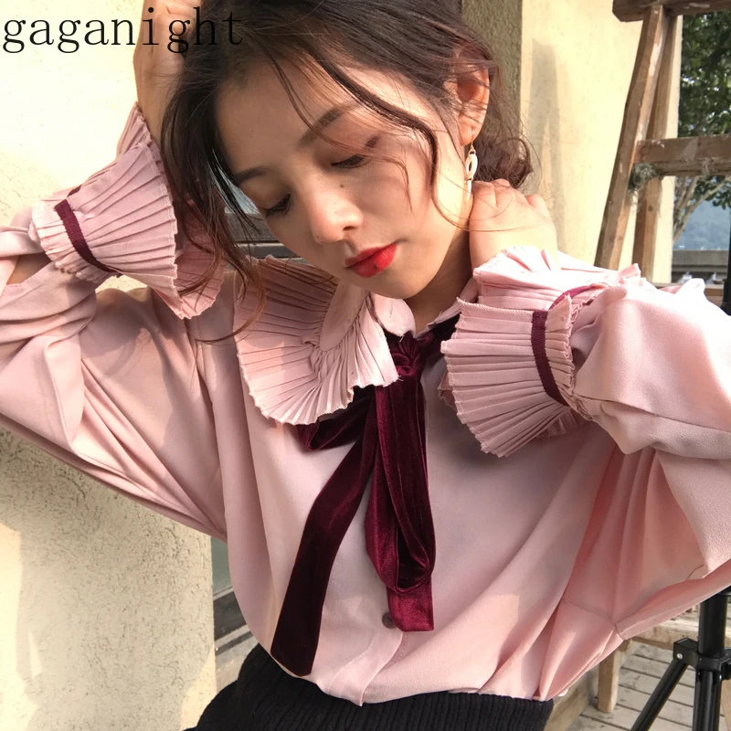 

Gaganight Doll Collar Lace Up Bow Design Blouse Women Elegant Pullover Flare Long Sleeve Blusas Solid Chiffon Shirt Spring 2020