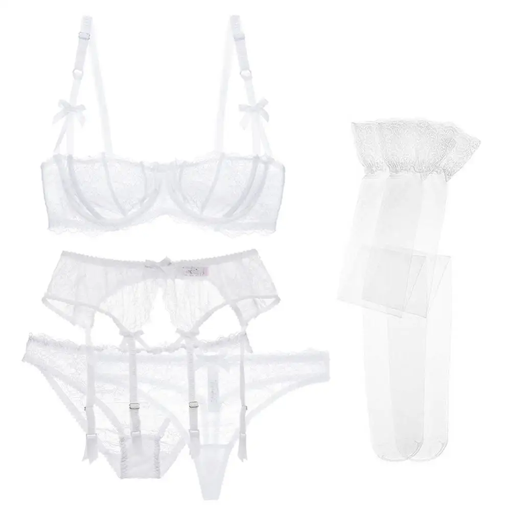 Women's Underwear Lace Half Cup Bra+Panties+Garter+Stockings 5pcs