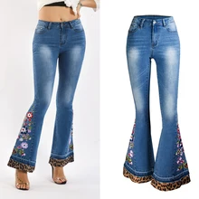 Новые женские Модные расклешенные брюки с вышивкой, леопардовые джинсовые брюки женские осенние широкие брюки S/4XL D489