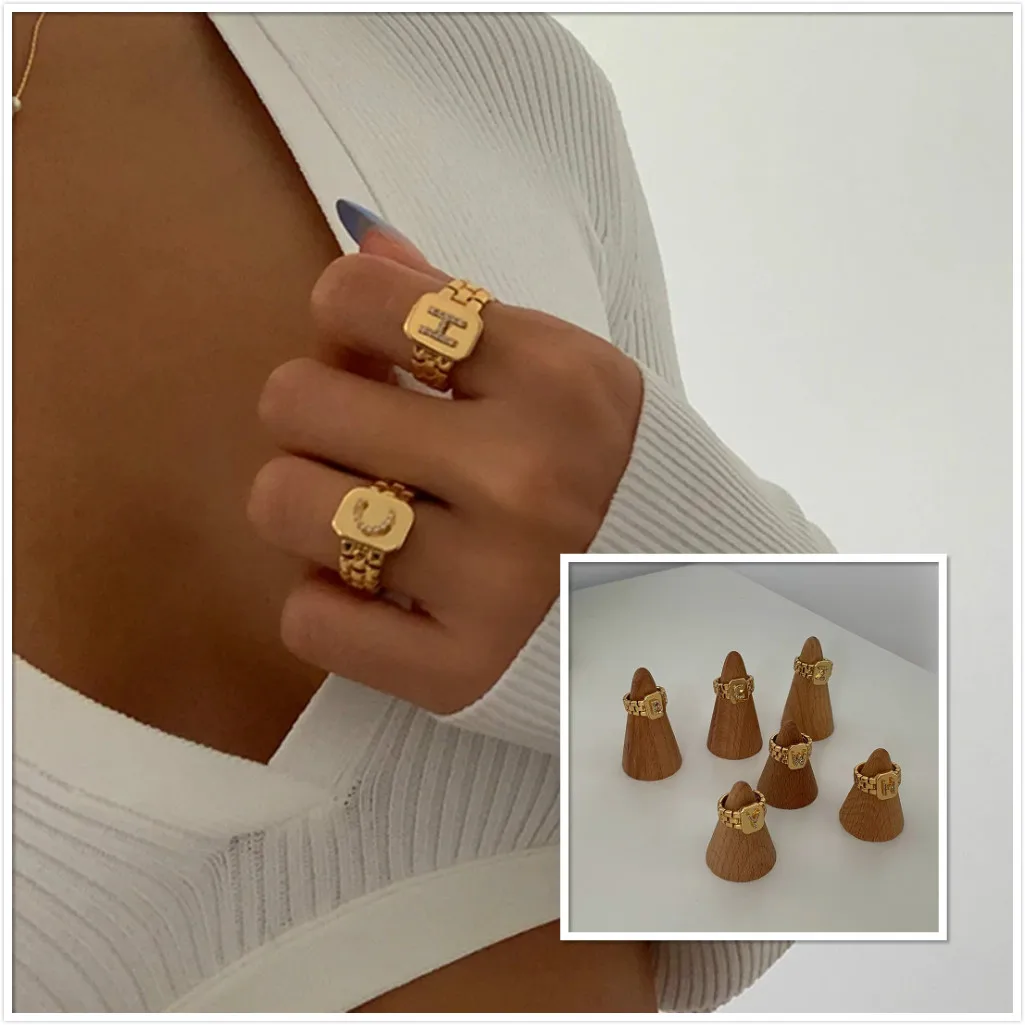 Anillos de oro de 14k con inicial de A-Z para mujer, joyería de pareja,  piedras CZ personalizadas, correa de reloj ajustable, anillo de tendencia  para hombres y mujeres - AliExpress
