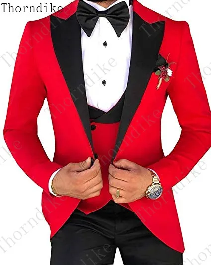 Thorndike Новое поступление женихов Мужские Черные смокинги жениха с отворотом красные мужские костюмы для свадьбы лучший мужской блейзер(пиджак+ брюки+ жилет - Цвет: suits 12