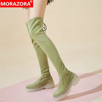 

MORAZORA 2020 hot sale suede leather Stretch boots women autumn winter over the knee boots rivet slim flat platform shoes woman