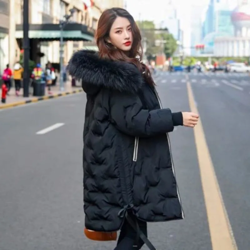  Artificial Hair Collar Embroidery Down Jacket Women Solid Winter Long Coat With Bow Manteau Femme H