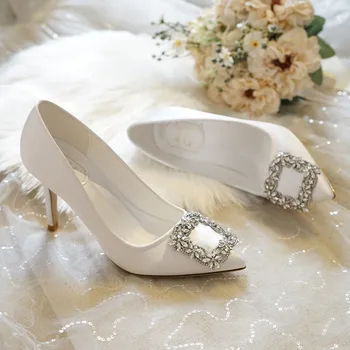 

2020 White Wedding Shoes Pointed 7CM 9CM High Heel Diamond Bride shoes